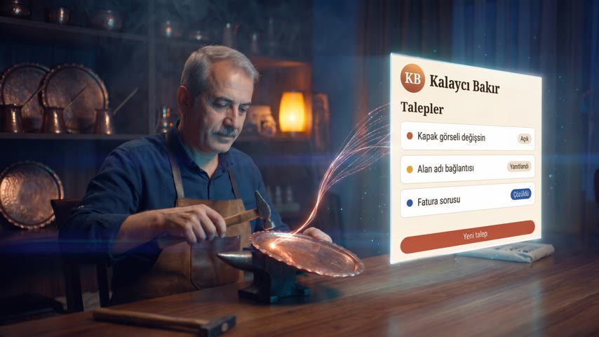 Örnek sahne, kişi kurgusal: bakır ustası (Kalaycı Bakır, örnek esnaf), yanında havada talep listesi ekranı
