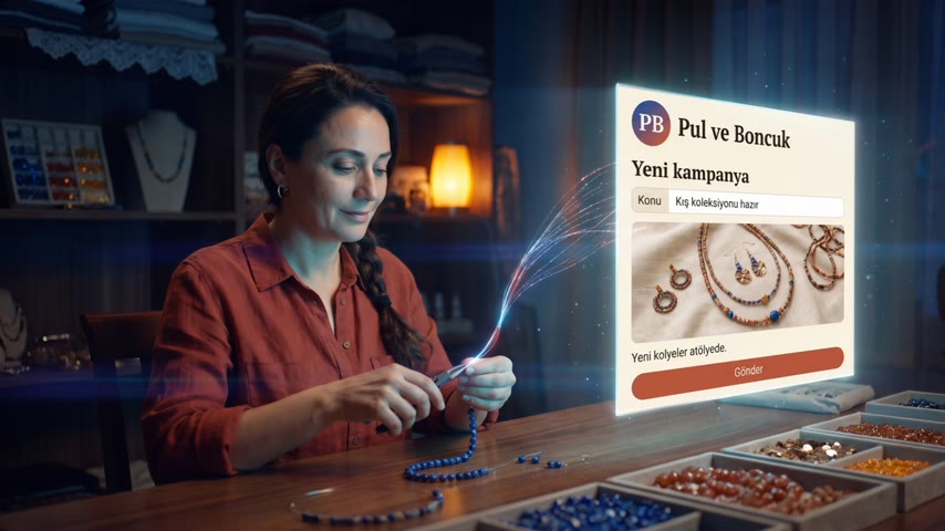 Örnek sahne, kişi kurgusal: takı ustası (Pul ve Boncuk, örnek esnaf), yanında havada e-posta kampanyası ekranı